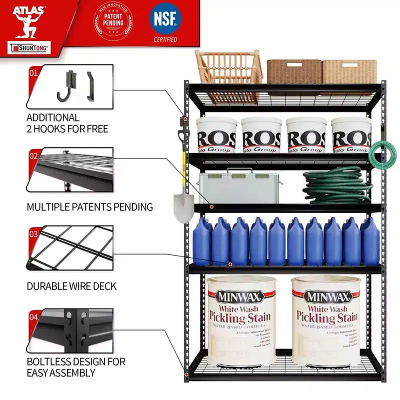 Scaffale in acciaio a 5 ripiani senza bulloni, grigio scuro, 122x61x183 cm, per carichi pesanti