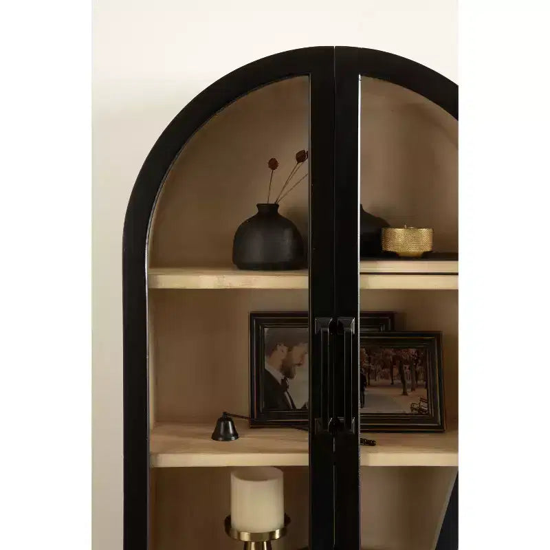 Pensile da parete ad arco bicolore nero e naturale con ante in vetro, 1 unità