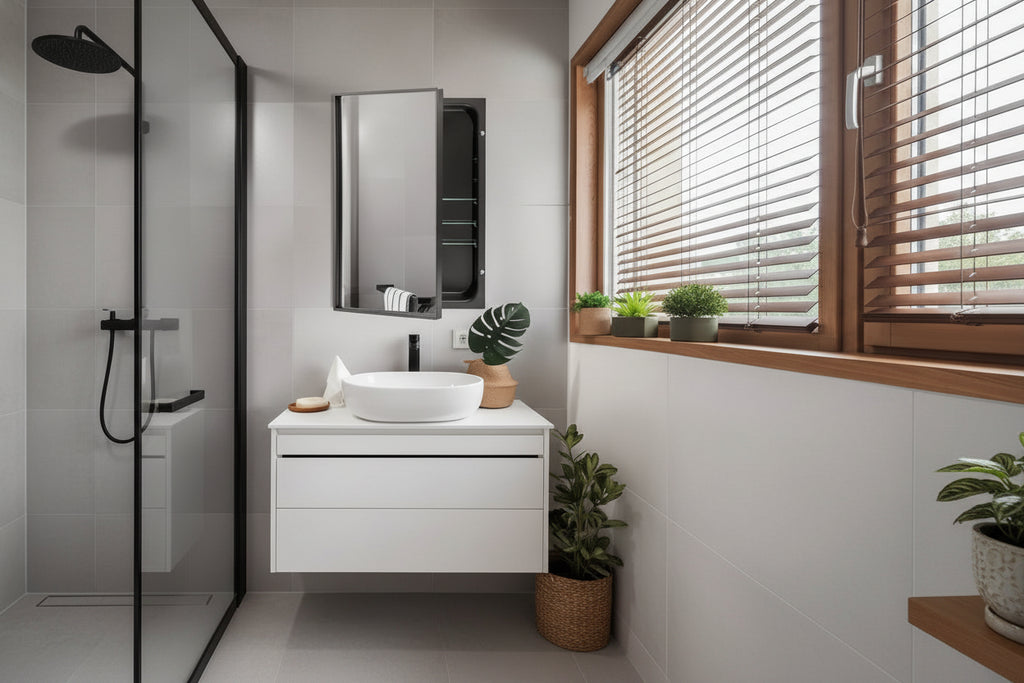 Pensile da bagno incassato spazzolato nero con specchio, Singolo
