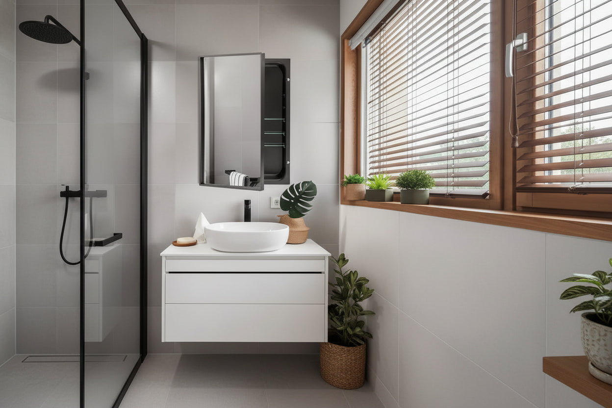 Pensile da bagno incassato spazzolato nero con specchio, Singolo