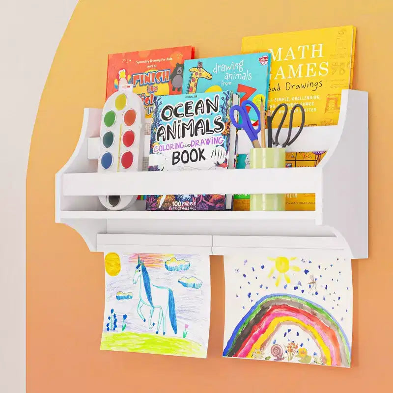Libreria a muro bianca per bambini con 2 barre artistiche magnetiche, 1 utente