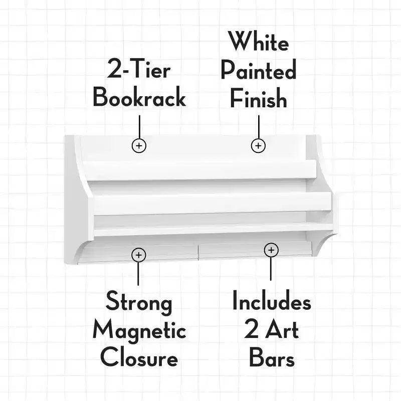Libreria a muro bianca per bambini con 2 barre artistiche magnetiche, 1 utente