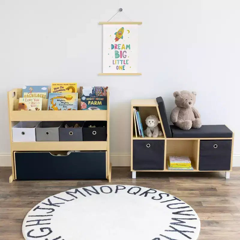 Sedia Angolare per Libri per Bambini in Legno Naturale con Contenitore – 1 Bambino, Set da 5 Pezzi