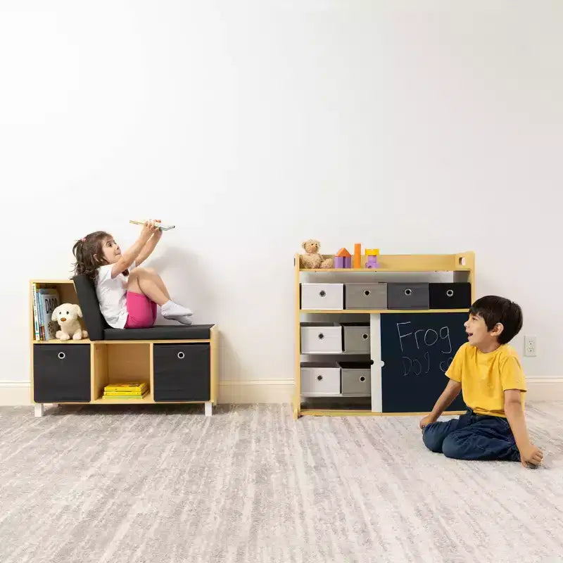 Sedia Angolare per Libri per Bambini in Legno Naturale con Contenitore – 1 Bambino, Set da 5 Pezzi