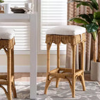 Sgabello da Bar in Rattan con Capesante Colore Miele/Bianco, Sedile Singolo
