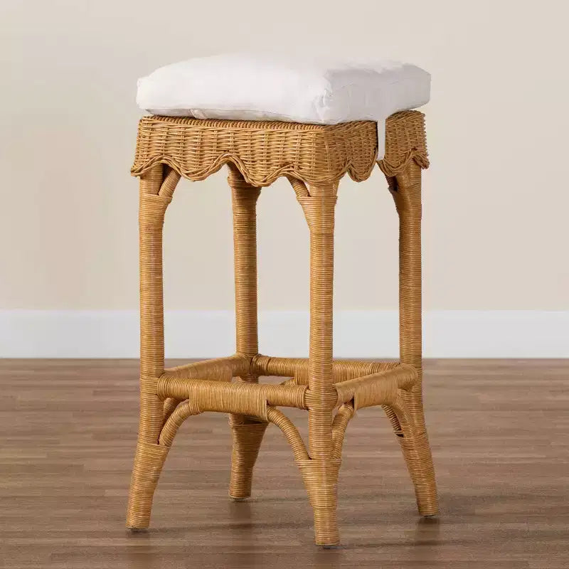 Sgabello da Bar in Rattan con Capesante Colore Miele/Bianco, Sedile Singolo