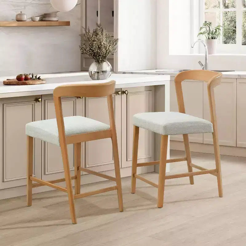 Sgabello da banco imbottito color beige naturale con schienale curvo, set da 2