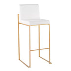 Sgabello da bar con schienale medio in velluto bianco, struttura in metallo dorato, set da 3