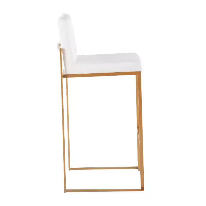 Sgabello da bar con schienale medio in velluto bianco, struttura in metallo dorato, set da 3