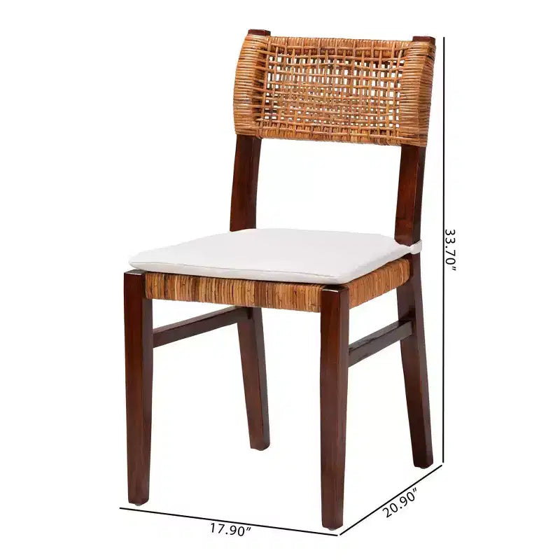 Sedia da pranzo bohémien in rattan e legno miele/bianco/marrone scuro, senza braccioli, per 1 persona