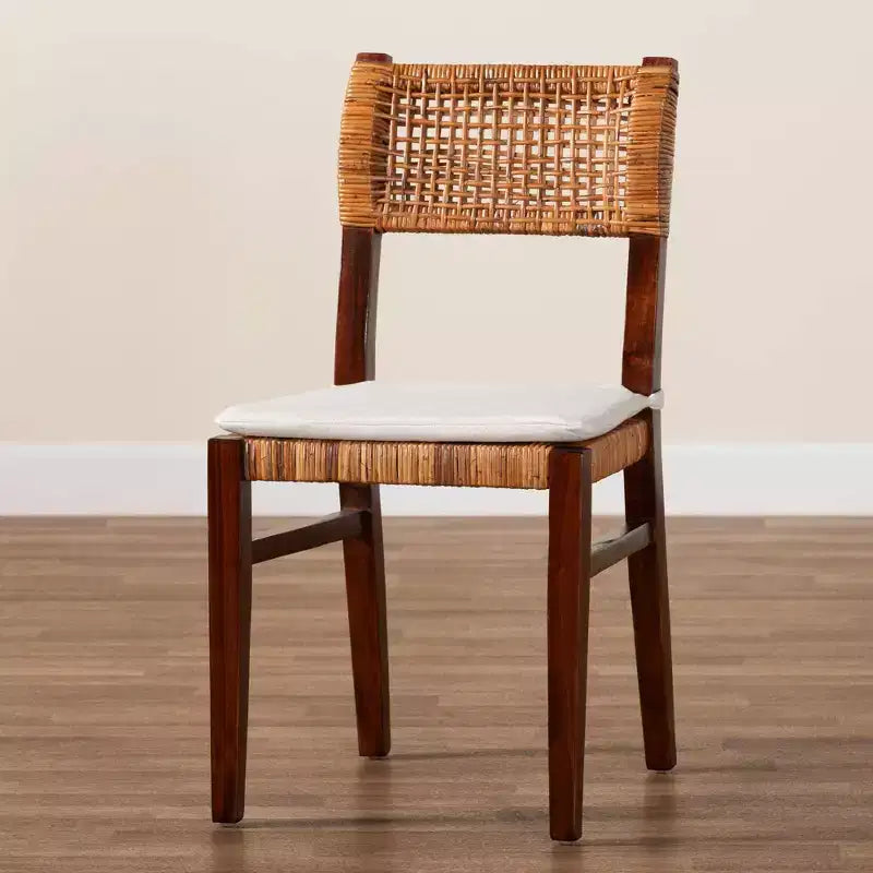 Sedia da pranzo bohémien in rattan e legno miele/bianco/marrone scuro, senza braccioli, per 1 persona