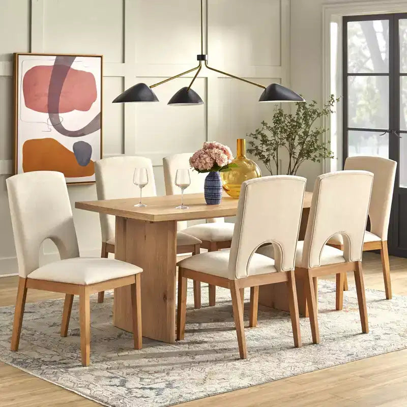 Set da pranzo rettangolare 7 pezzi in rovere naturale e beige per 6 persone