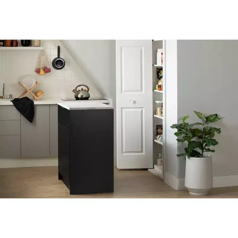 Isola cucina nero opaco e finto marmo bianco con contenitore, uso per 1 persona