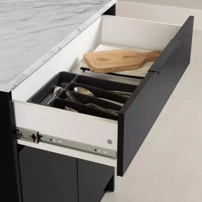Isola cucina nero opaco e finto marmo bianco con contenitore, uso per 1 persona
