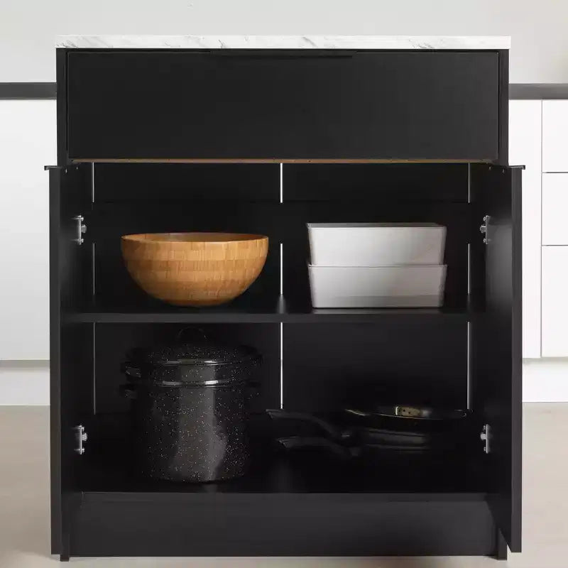 Isola cucina nero opaco e finto marmo bianco con contenitore, uso per 1 persona