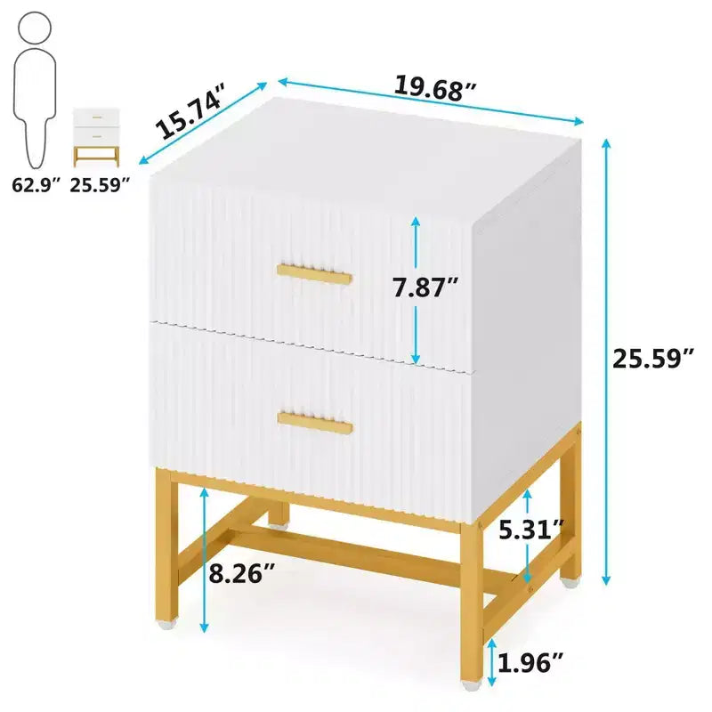 Comodino bianco scanalato con ferramenta in ottone satinato, 2 cassetti, singolo