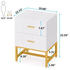 Comodino bianco scanalato con ferramenta in ottone satinato, 2 cassetti, singolo