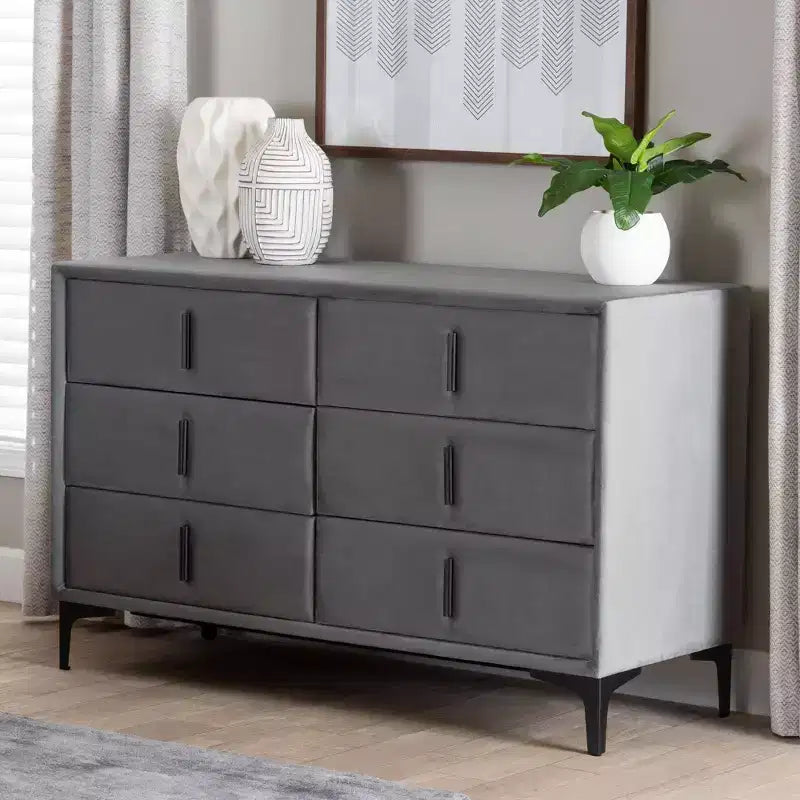 Comò a 6 cassetti in velluto grigio ardesia/nero moderno