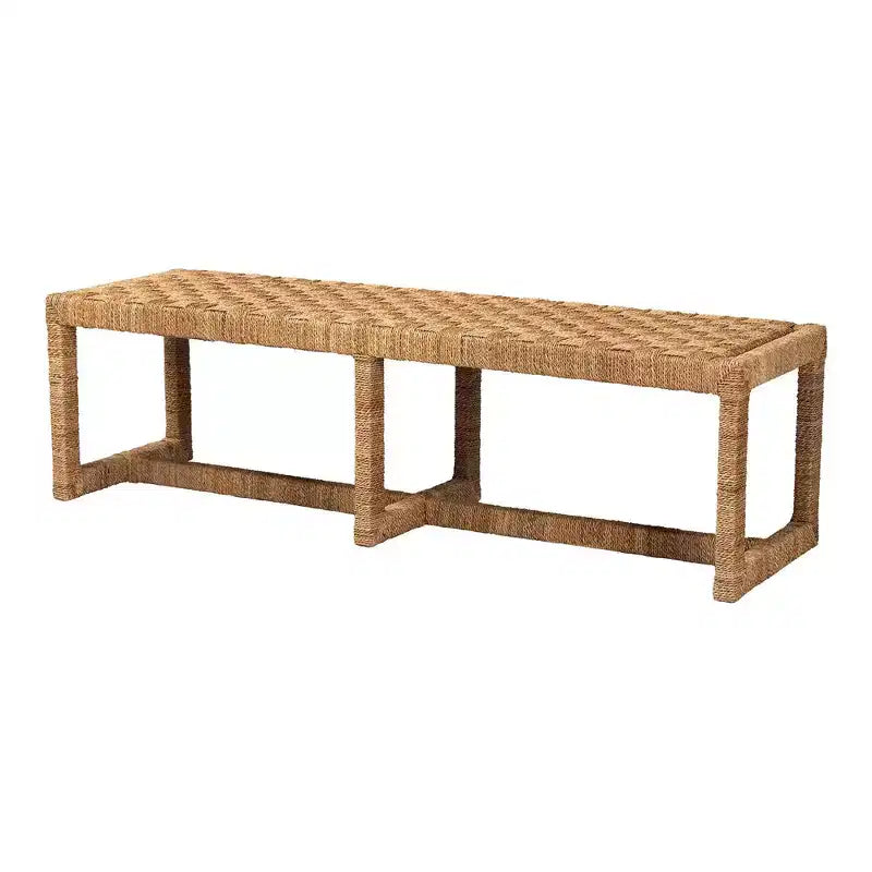 Panca accentata in giunco marino naturale e legno di mogano, a trama intrecciata, 1 posto