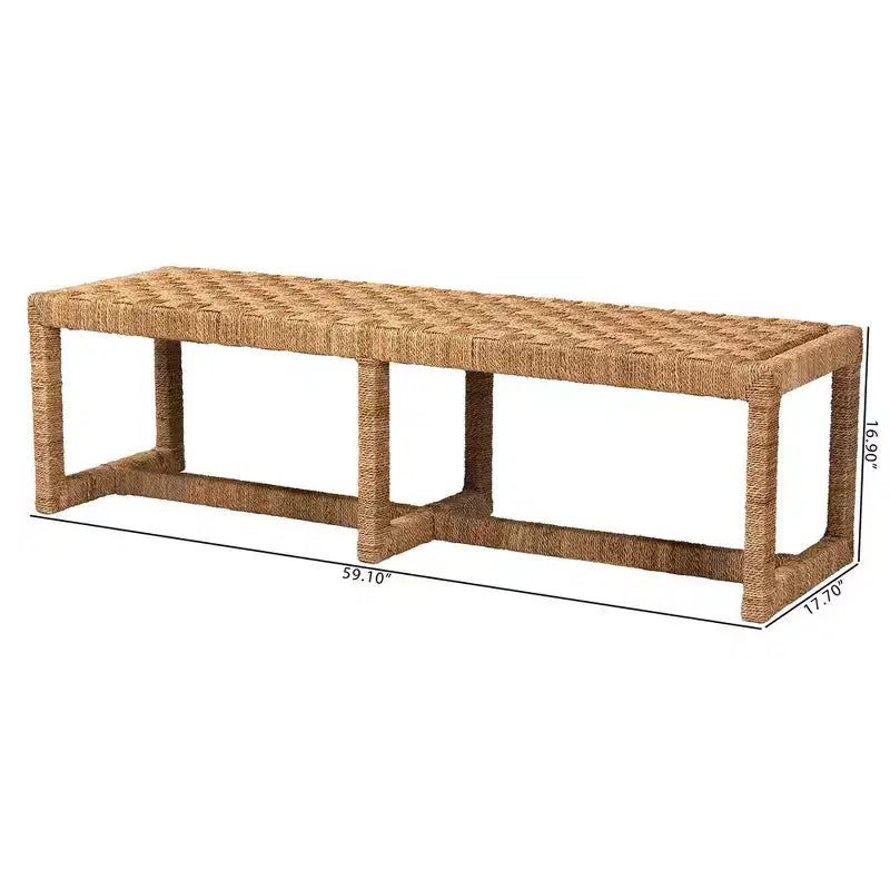 Panca accentata in giunco marino naturale e legno di mogano, a trama intrecciata, 1 posto