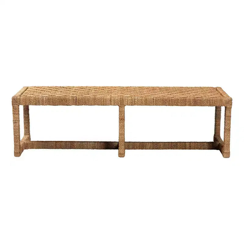 Panca accentata in giunco marino naturale e legno di mogano, a trama intrecciata, 1 posto