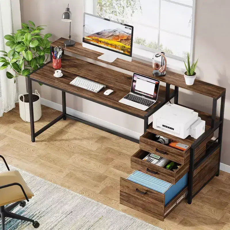 Scrivania da computer marrone da 160 cm con supporto per monitor, monoposto