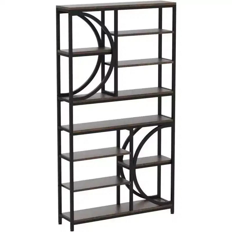 Libreria Etagere Geometrica a 8 Ripiani Marrone e Nera, con Mensole Aperte, Monoutente