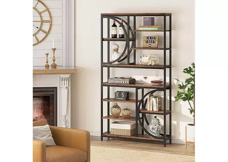 Libreria Etagere Geometrica a 8 Ripiani Marrone e Nera, con Mensole Aperte, Monoutente