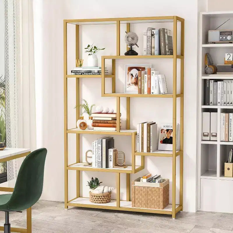 Libreria Etagere 8 Ripiani Bianca e Dorata, Montaggio Singolo