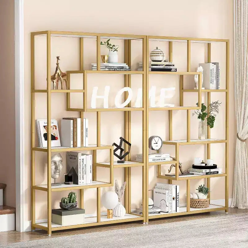 Libreria Etagere 8 Ripiani Bianca e Dorata, Montaggio Singolo