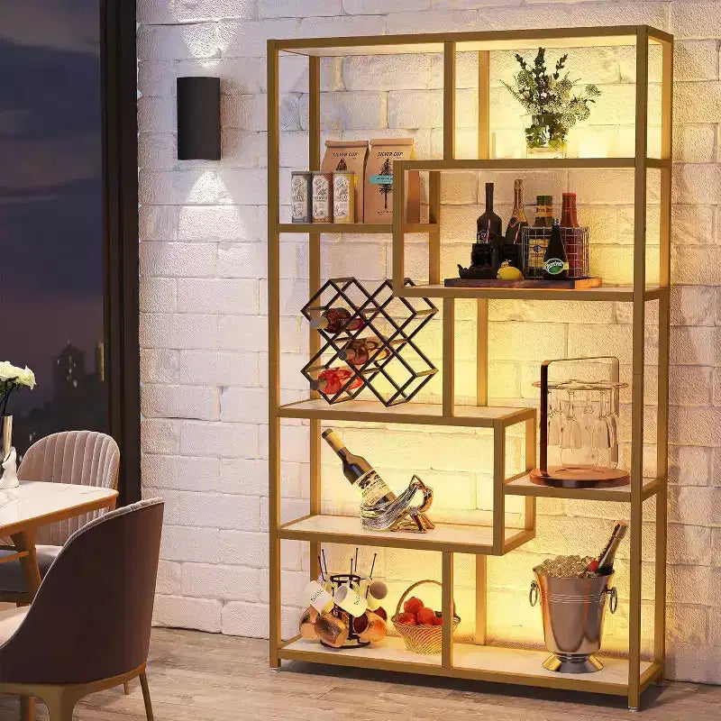 Libreria Etagere 8 Ripiani Bianca e Dorata, Montaggio Singolo