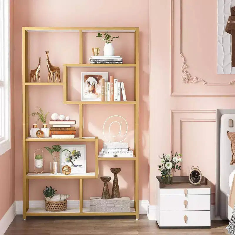 Libreria Etagere 8 Ripiani Bianca e Dorata, Montaggio Singolo