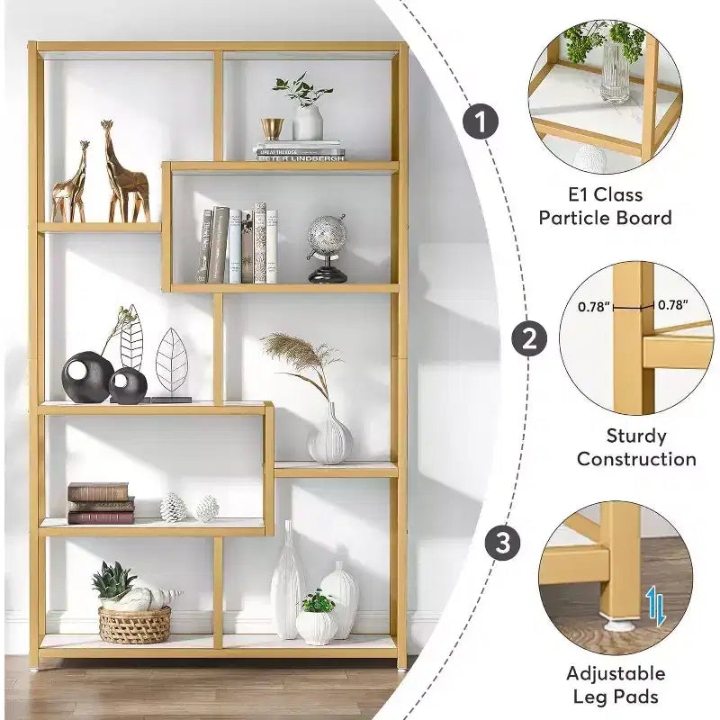 Libreria Etagere 8 Ripiani Bianca e Dorata, Montaggio Singolo