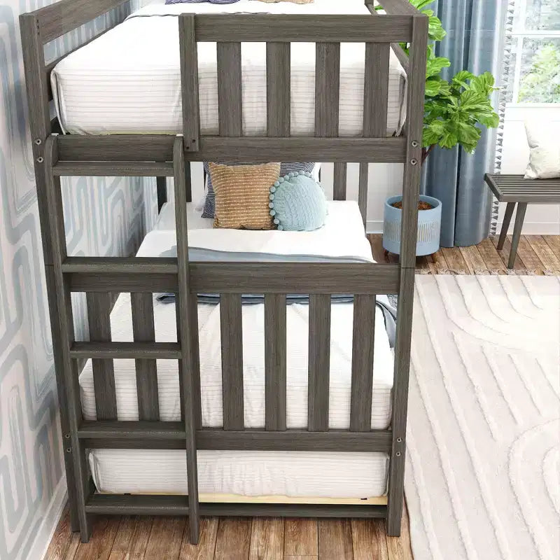Letto a castello Twin-Over-Twin con rotelle e scala laterale, argilla/bianco, 3 posti letto