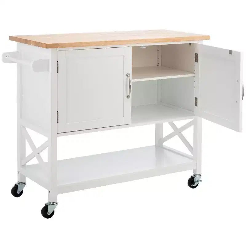 Carrello da Cucina Bianco e Naturale a 2 Ante e 1 Ripiano con Ruote Bloccabili – Montaggio da 1 Persona