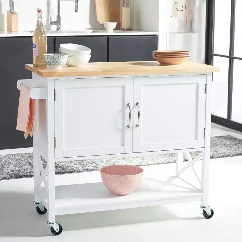 Carrello da Cucina Bianco e Naturale a 2 Ante e 1 Ripiano con Ruote Bloccabili – Montaggio da 1 Persona