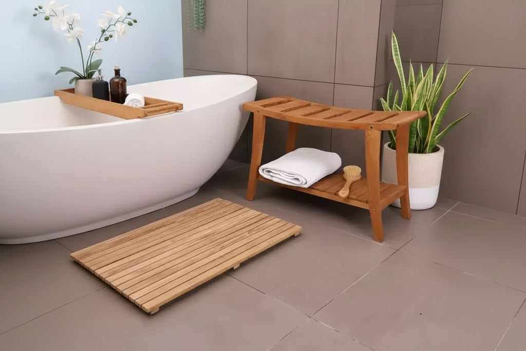 Nordic Teak 30 Asian Style Shower Bench with Shelf - Beige