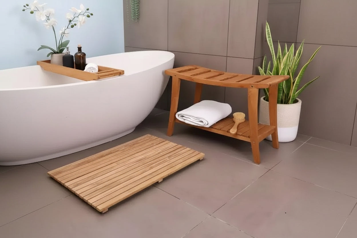 Nordic Teak 30 Asian Style Shower Bench with Shelf - Beige