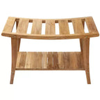 Panca da doccia in legno di teak con mensola, rettangolare a doghe, marrone naturale, 1 persona