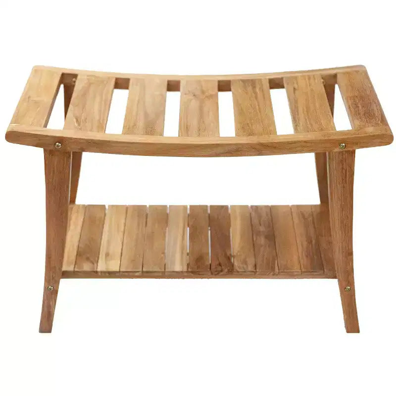 Panca da doccia in legno di teak con mensola, rettangolare a doghe, marrone naturale, 1 persona
