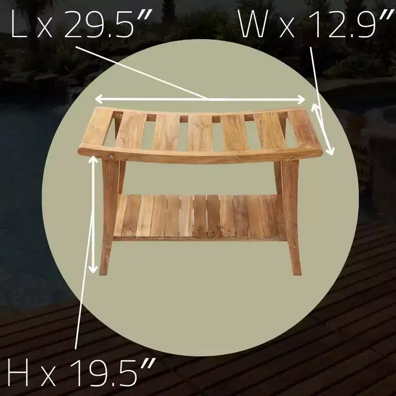 Panca da doccia in legno di teak con mensola, rettangolare a doghe, marrone naturale, 1 persona