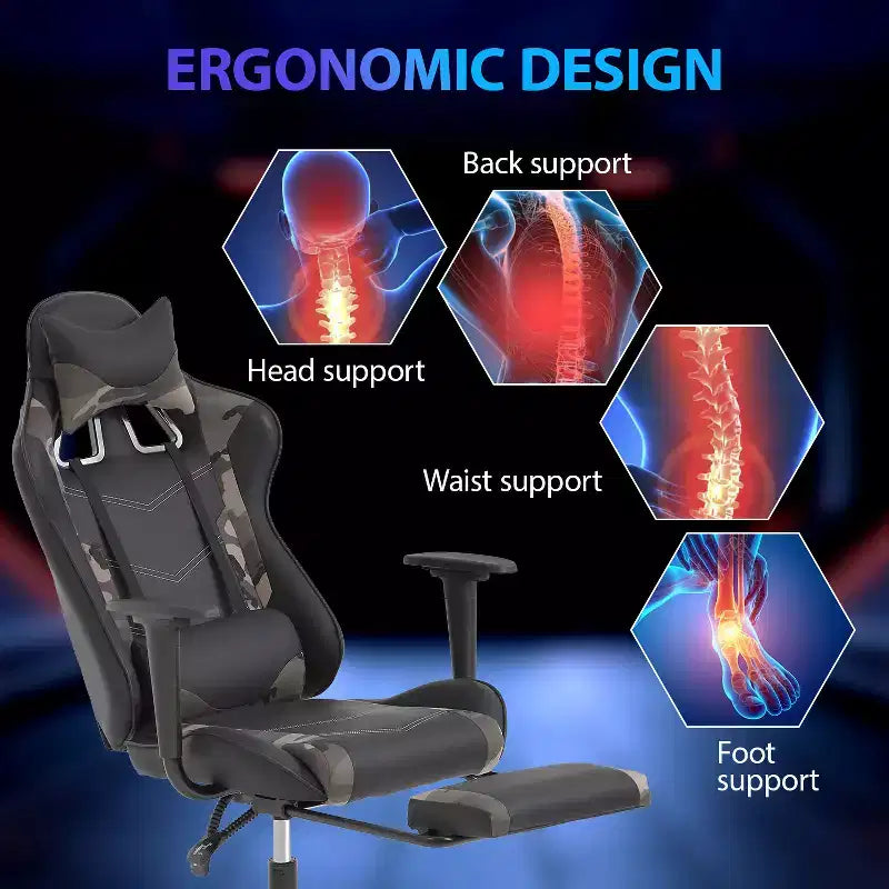 Sedia da Gaming Racing, Nera/Blu/Mimetica/Grigia/Rosa/Rossa/Bianca, Monoposto, Girevole