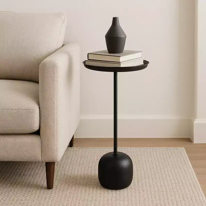 Tavolino Rotondo in Metallo Nero – Tavolino d'Appoggio Singolo per Camera da Letto e Soggiorno