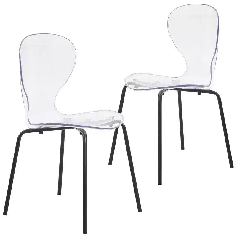Sedia da pranzo impilabile in acrilico trasparente, schienale curvo, gambe in acciaio nero, set da 2 pezzi