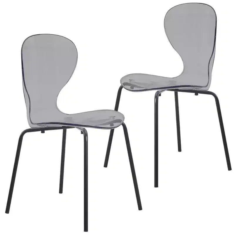 Sedia da pranzo impilabile in acrilico trasparente, schienale curvo, gambe in acciaio nero, set da 2 pezzi
