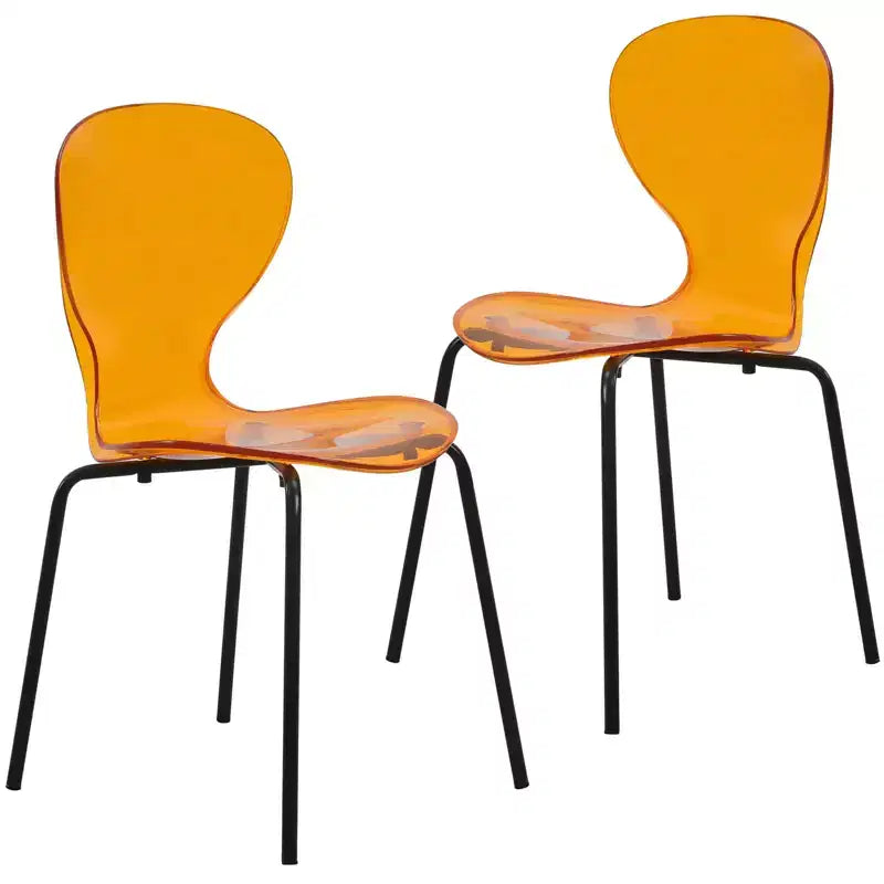 Sedia da pranzo impilabile in acrilico trasparente, schienale curvo, gambe in acciaio nero, set da 2 pezzi