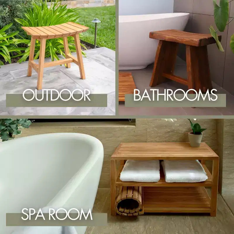 Sgabello da doccia e vasca in legno di teak con mensola, beige/marrone, monoposto
