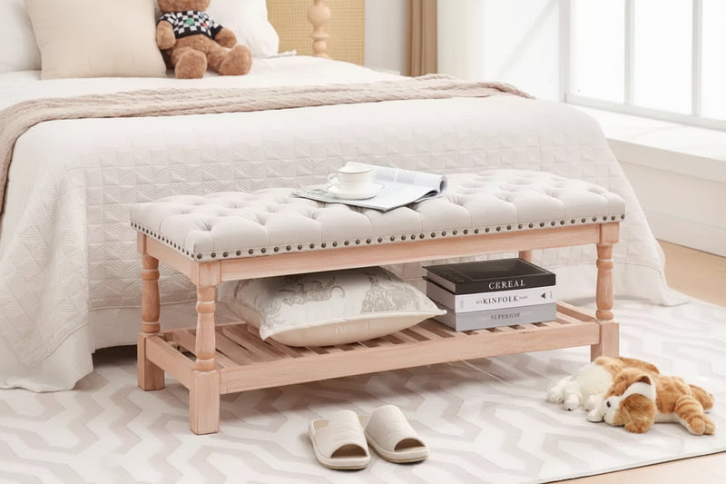 Hyleory 44.3-inch Corduroy Oversized Storage Solid Wood Comfort Bedside Bench for Bedroom, Living Room and Nursing Room
