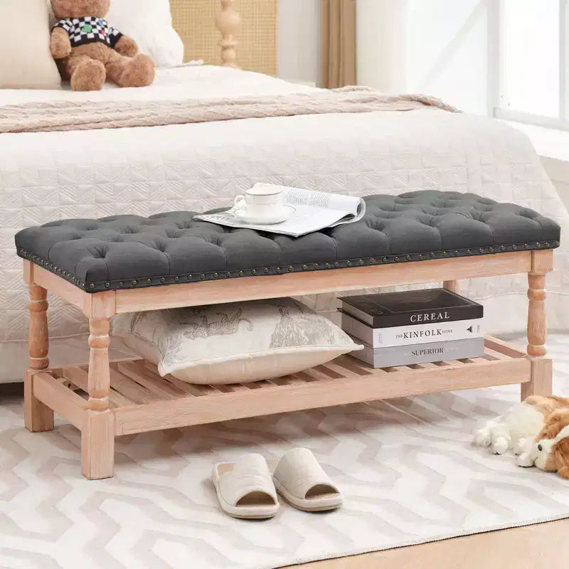 Panca portaoggetti imbottita in velluto a coste beige / grigio scuro / grigio, rettangolare, monoposto