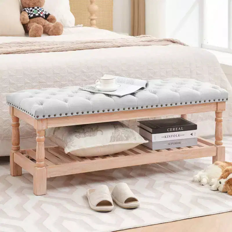 Panca portaoggetti imbottita in velluto a coste beige / grigio scuro / grigio, rettangolare, monoposto